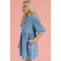 Dusk Blue Bowknot Bubble Sleeve Short Denim Dress - M thumbnail