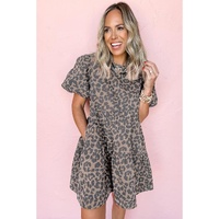 Brown Denim Leopard Printed Short Puff Sleeve Mini Dress - S thumbnail