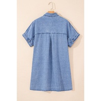 Dusk Blue Short Sleeve Pocketed Button up Denim Tunic Dress - M thumbnail