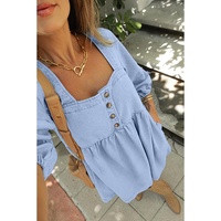 Beau Blue Denim Button Detail Babydoll Square Neck Mini Dress - L thumbnail