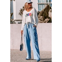 Sky Blue Drawstring High Waist Cargo Pocket Wide Leg Jeans - L thumbnail