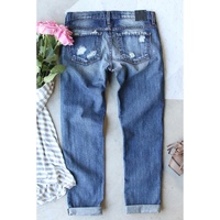 Sky Blue Shiny Mardi Gras Fleur-de-lis Patch Distressed Jeans - 8 US thumbnail