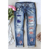 Sky Blue Sequin American Flag Star Graphic Distressed Straight Jeans - 18 US thumbnail