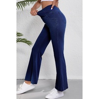 Dusk Blue Solid Crossed Waist High Elastic Fit Flare Knit Jeans - M thumbnail
