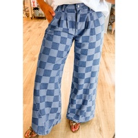 Dusk Blue Checkered Denim Wide Leg Jeans - 4 US thumbnail