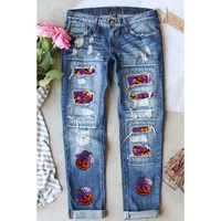 Sky Blue Sequin Pumpkin Patched Distressed Straight Leg Jeans - 18 US thumbnail