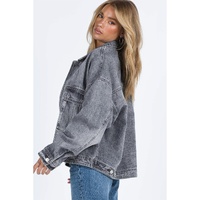 Gray Chest Pockets Drop Shoulder Loose Denim Jacket - L thumbnail