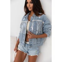 Sky Blue Sequin Embellished Fringe Distressed Denim Jacket - S thumbnail