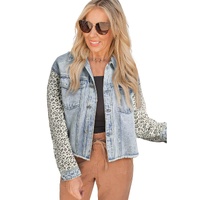Sky Blue Leopard Patchwork Washed Distressed Denim Jacket - L thumbnail