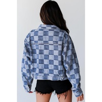 Light Blue Checkered Patchwork Button up Denim Jacket - S thumbnail
