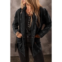 Black Side Pockets Lapel Collar Denim Jacket - L thumbnail