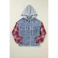Beau Blue Plaid Print Patchwork Hooded Raw Hem Denim Jacket - M thumbnail