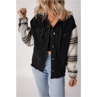 Black Plaid Sleeve Frayed Hem Hooded Denim Jacket - M thumbnail