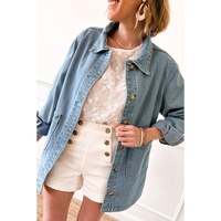 Dusk Blue Slit Buttons Pocketed Denim Jacket - M thumbnail