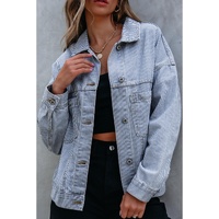 Sky Blue Stripe Washed Oversize Pocketed Denim Jacket - L thumbnail