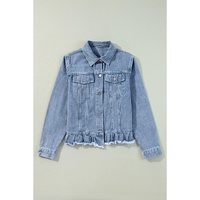 Beau Blue Ruffle Raw Hem Flap Pockets Denim Jacket - S thumbnail