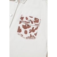 White Cow Spot Patchwork Flap Pocket Distressed Hem Long Denim Jacket - M thumbnail