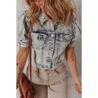 Beau Blue Light Wash Buttoned Chest Pocket Puff Sleeve Denim Jacket - L thumbnail