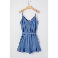 Ashleigh Blue Spaghetti Straps V Neck Belted Ruffled Leg Chambray Romper - L thumbnail