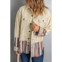 Button Up Pockets Striped Color Block Corduroy Jacket - M thumbnail