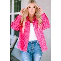 Pink Leopard Print Button Cuffs Raw Hem Jacket - L thumbnail
