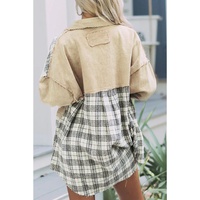 Khaki Distressed Raw Edge Plaid Patchwork Denim Jacket - XL thumbnail