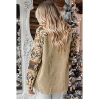 Khaki Aztec Print Patchwork Frayed Edge Corduroy Jacket - M thumbnail