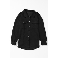 Black Solid Textured Flap Pocket Buttoned Shacket - L thumbnail