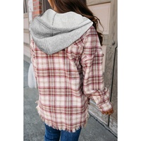 Multicolour Plaid Flap Pocket Hooded Raw Hem Jacket - L thumbnail