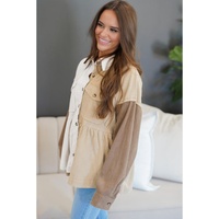 Khaki Corduroy Colorblock Button up Loose Shacket - L thumbnail
