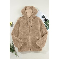 Pale Khaki Fleece Zip Up Drawstring Hooded Pocketed Jacket - 2XL thumbnail
