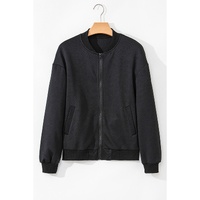 Black Solid Textured Stand Neck Zipper Bomber Jacket - S thumbnail