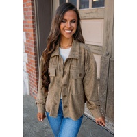 Dark Khaki Textured Chest Pocket Button-up Shacket - L thumbnail
