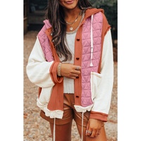 Coral Quilted Textured Patchwork Loose Fit Hooded Jacket - M thumbnail