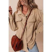 Light French Beige Solid Frilled Flap Pocket Button Up Corduroy Shacket - L thumbnail