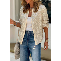 Apricot Sequin Zip up Round Neck Long Sleeve Jacket - M thumbnail