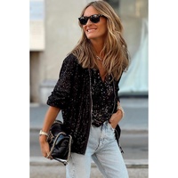 Black Sequin Zip up Round Neck Long Sleeve Jacket - S thumbnail