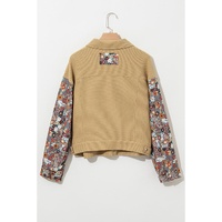 Khaki Waffle Knit Floral Print Patchwork Button up Jacket - L thumbnail