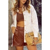 Beige Leopard Print Flap Pockets Buttoned Corduroy Shacket - L thumbnail