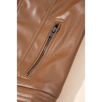 Chestnut Solid Faux Leather Zipper Slim Fit Bomber Jacket - L thumbnail