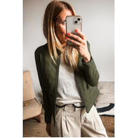 Sage Green Solid Faux Leather Zipper Slim Fit Bomber Jacket - L thumbnail