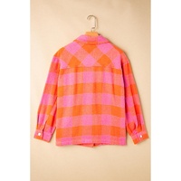 Orange Plaid Chest Pockets Button-up Turn Down Collar Jacket - L thumbnail