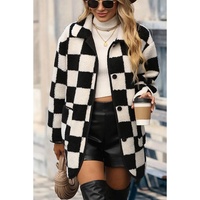 Black Checkered Side Pockets Collared Buttoned Fleece Jacket - 2XL thumbnail