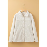 White Solid Color Quilted Sherpa Patchwork Button Up Shacket - S thumbnail
