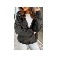 Black Quilted Side Pockets Zipper Hooded Jacket - M thumbnail