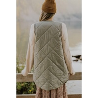 Grass Green Quilted Long Vest Jacket with Pockets - S thumbnail