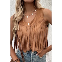 Camel Fringed Snap Button Front Suedette Vest - XL thumbnail