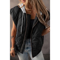 Black Quilted Drawstring Hooded Zip Up Puffer Vest - M thumbnail