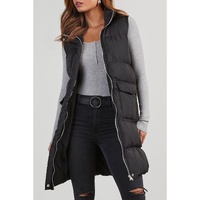 Black Windproof Longline Full Zipper Puffer Vest with Pockets - M thumbnail
