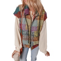 Multicolor Plaid Print Side Pockets Zipped Loose Vest - XL thumbnail